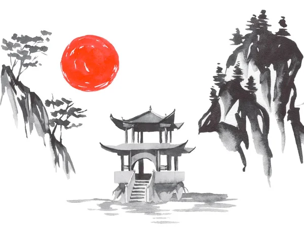 Japan traditional sumi-e painting. Fuji mountain, sakura, sunset. Japan sun. Indian ink illustration. Japanese picture.