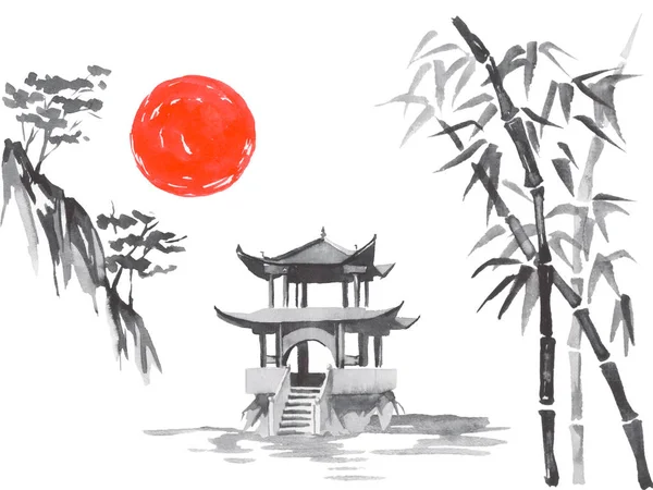 Japan traditional sumi-e painting. Fuji mountain, sakura, sunset. Japan sun. Indian ink illustration. Japanese picture. — Stock Photo, Image