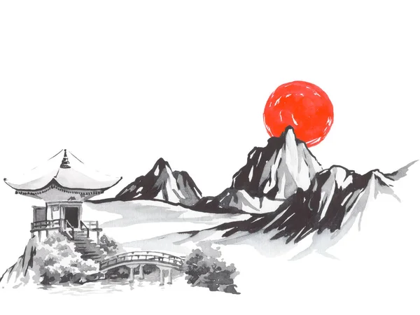 Japan traditional sumi-e painting. Fuji mountain, sakura, sunset. Japan sun. Indian ink illustration. Japanese picture.