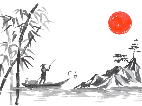 Japan traditional sumi-e painting. Fuji mountain, sakura, sunset. Japan sun. Indian ink illustration. Japanese picture.