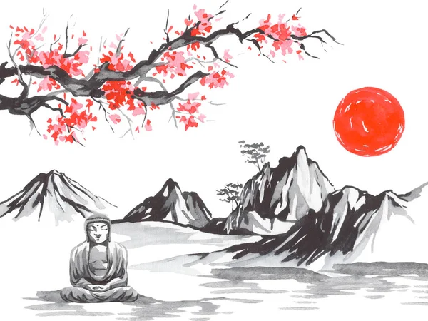 Japan traditionele sumi-e schilderij. Fuji berg, sakura, zonsondergang. Japanse zon. Indische inkt illustratie. Japanse foto. — Stockfoto