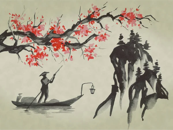 Japan traditional sumi-e painting. Watercolor and ink illustration in style sumi-e, u-sin. Fuji mountain, sakura, sunset. Japan sun. Indian ink illustration. Japanese picture.