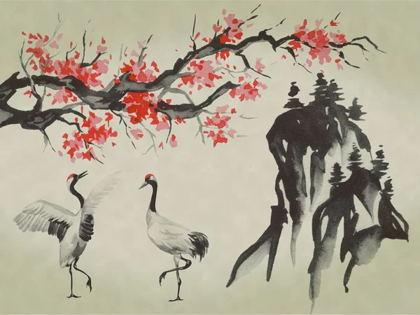 Japan traditionele sumi-e schilderij. Aquarel en inkt illustratie in stijl sumi-e, u-sin. De berg Fuji, sakura, zonsondergang. Japan zon. Indische inkt illustratie. Japanse foto. — Stockfoto