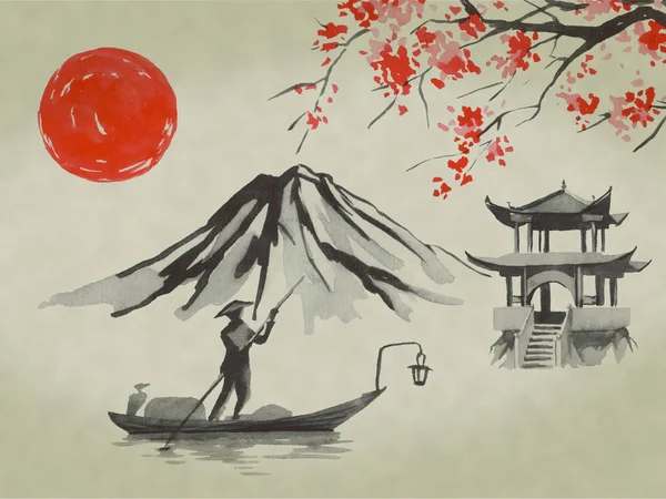 Japan traditional sumi-e painting. Watercolor and ink illustration in style sumi-e, u-sin. Fuji mountain, sakura, sunset. Japan sun. Indian ink illustration. Japanese picture.