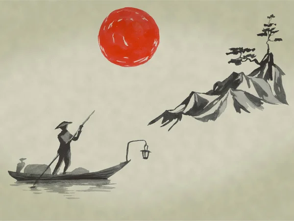 Japanische traditionelle Sumi-e-Malerei. Aquarell und Tusche Illustration im Stil sumi-e, u-sin. Fuji-Berg, Sakura, Sonnenuntergang. Japanische Sonne. Tintenillustration. japanisches Bild. — Stockfoto