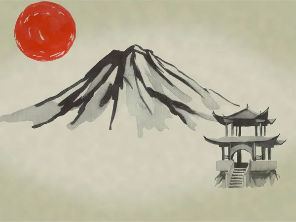 Japonia tradycyjnych sumi-e malarstwo. Ilustracja akwareli i tuszu w stylu sumi-e, u grzech. Góra Fuji, sakura, zachód słońca. Słońce w Japonii. Rysunek tuszem. Japoński obraz. — Zdjęcie stockowe