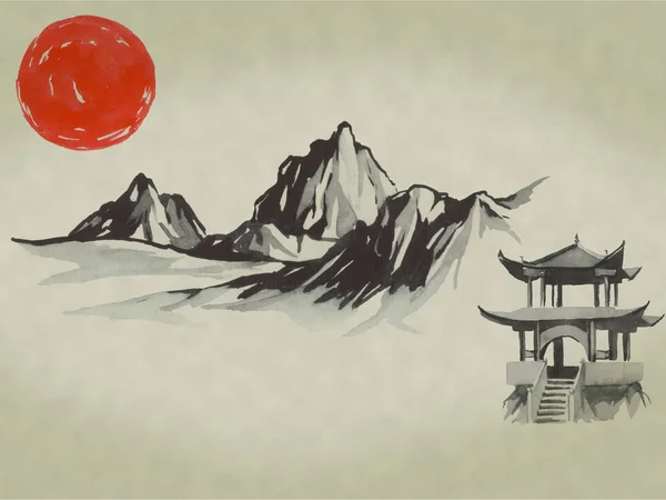 Japón tradicional sumi-e pintura. Acuarela e ilustración de tinta en estilo sumi-e, u-sin. Montaña Fuji, sakura, puesta de sol. Japón sol. Ilustración de tinta india. Imagen japonesa . —  Fotos de Stock