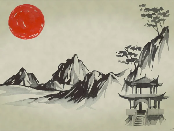 Giappone tradizionale pittura sumi-e. Illustrazione acquerello e inchiostro in stile sumi-e, u-sin. Montagna Fuji, sakura, tramonto. Sole giapponese. Illustrazione inchiostro indiano. Immagine giapponese . — Foto Stock