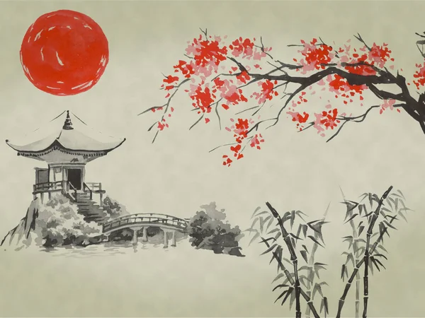 Японская традиционная суми-э живопись. Акварель и чернила в стиле суми-э, у-син. Фудзи гора, сакура, закат. Солнце Японии. Индийская иллюстрация чернил. Фотография Японии . — стоковое фото