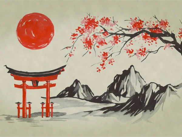 Japan traditional sumi-e painting. Watercolor and ink illustration in style sumi-e, u-sin. Fuji mountain, sakura, sunset. Japan sun. Indian ink illustration. Japanese picture.