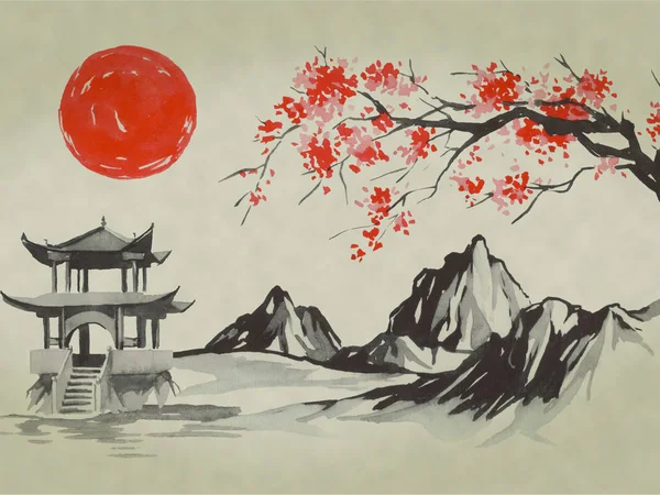 Japan traditional sumi-e painting. Watercolor and ink illustration in style sumi-e, u-sin. Fuji mountain, sakura, sunset. Japan sun. Indian ink illustration. Japanese picture. — Stock Photo, Image
