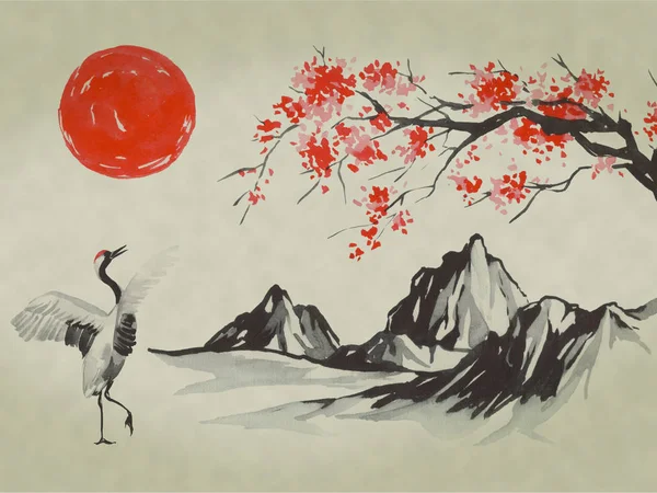 Japan traditional sumi-e painting. Watercolor and ink illustration in style  sumi-e, u-sin. Fuji mountain, sakura, sunset. Japan sun. Indian ink  illustration. Japanese picture. Stock Illustration by ©exte-z@mail.ru  #240720242