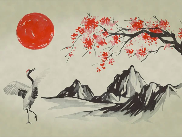 Japonya geleneksel sumi-e boyama. Suluboya ve mürekkep çizim stili sumi-e, u-sin. Fuji Dağı, sakura, günbatımı. Japonya güneş. Hint mürekkebi çizimde. Japon resim.