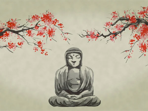 Japonya geleneksel sumi-e boyama. Suluboya ve mürekkep çizim stili sumi-e, u-sin. Fuji Dağı, sakura, günbatımı. Japonya güneş. Hint mürekkebi çizimde. Japon resim.