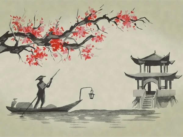 Giappone tradizionale pittura sumi-e. Illustrazione acquerello e inchiostro in stile sumi-e, u-sin. Montagna Fuji, sakura, tramonto. Sole giapponese. Illustrazione inchiostro indiano. Immagine giapponese . — Foto Stock