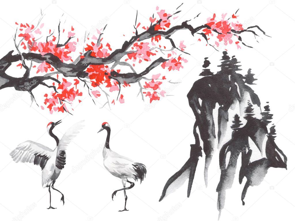 Japan traditional sumi-e painting. Fuji mountain, sakura, sunset. Japan sun. Indian ink illustration. Japanese picture.