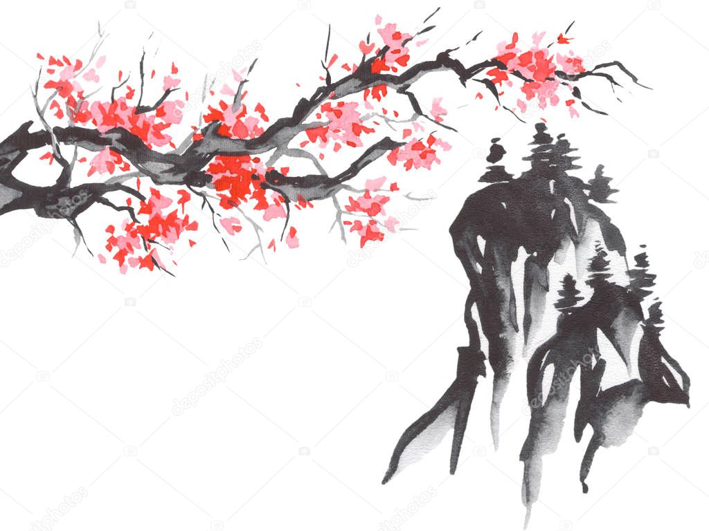 Japan traditional sumi-e painting. Fuji mountain, sakura, sunset. Japan sun. Indian ink illustration. Japanese picture.