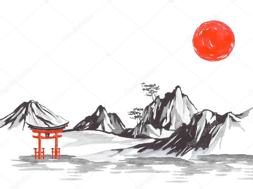 Japan traditional sumi-e painting. Fuji mountain, sakura, sunset. Japan sun. Indian ink illustration. Japanese picture.