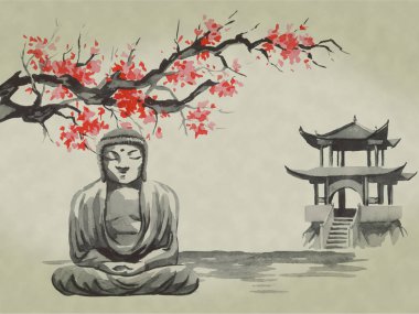 Japonya geleneksel sumi-e boyama. Suluboya ve mürekkep çizim stili sumi-e, u-sin. Fuji Dağı, sakura, günbatımı. Japonya güneş. Hint mürekkebi çizimde. Japon resim.