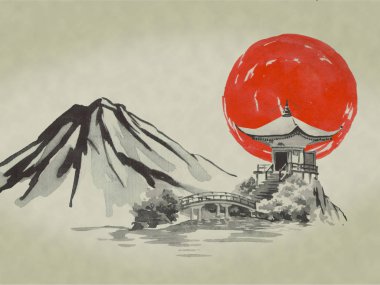 Japonya geleneksel sumi-e boyama. Suluboya ve mürekkep çizim stili sumi-e, u-sin. Fuji Dağı, sakura, günbatımı. Japonya güneş. Hint mürekkebi çizimde. Japon resim.