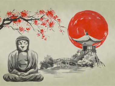 Japonya geleneksel sumi-e boyama. Suluboya ve mürekkep çizim stili sumi-e, u-sin. Fuji Dağı, sakura, günbatımı. Japonya güneş. Hint mürekkebi çizimde. Japon resim.