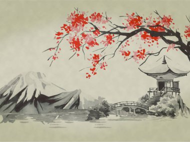 Japonya geleneksel sumi-e boyama. Suluboya ve mürekkep çizim stili sumi-e, u-sin. Fuji Dağı, sakura, günbatımı. Japonya güneş. Hint mürekkebi çizimde. Japon resim.