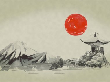 Japonya geleneksel sumi-e boyama. Suluboya ve mürekkep çizim stili sumi-e, u-sin. Fuji Dağı, sakura, günbatımı. Japonya güneş. Hint mürekkebi çizimde. Japon resim.