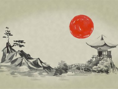 Japonya geleneksel sumi-e boyama. Suluboya ve mürekkep çizim stili sumi-e, u-sin. Fuji Dağı, sakura, günbatımı. Japonya güneş. Hint mürekkebi çizimde. Japon resim.