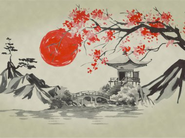 Japonya geleneksel sumi-e boyama. Suluboya ve mürekkep çizim stili sumi-e, u-sin. Fuji Dağı, sakura, günbatımı. Japonya güneş. Hint mürekkebi çizimde. Japon resim.
