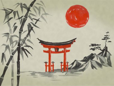 Japonya geleneksel sumi-e boyama. Suluboya ve mürekkep çizim stili sumi-e, u-sin. Fuji Dağı, sakura, günbatımı. Japonya güneş. Hint mürekkebi çizimde. Japon resim.