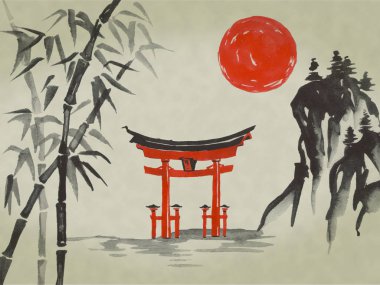 Japonya geleneksel sumi-e boyama. Suluboya ve mürekkep çizim stili sumi-e, u-sin. Fuji Dağı, sakura, günbatımı. Japonya güneş. Hint mürekkebi çizimde. Japon resim.