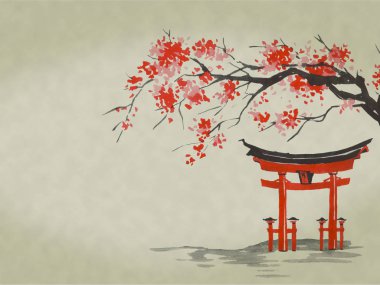 Japonya geleneksel sumi-e boyama. Suluboya ve mürekkep çizim stili sumi-e, u-sin. Fuji Dağı, sakura, günbatımı. Japonya güneş. Hint mürekkebi çizimde. Japon resim.