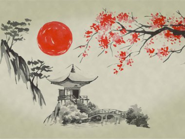 Japonya geleneksel sumi-e boyama. Suluboya ve mürekkep çizim stili sumi-e, u-sin. Fuji Dağı, sakura, günbatımı. Japonya güneş. Hint mürekkebi çizimde. Japon resim.
