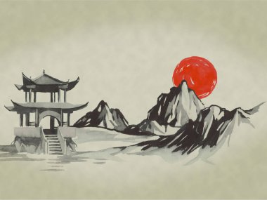 Japonya geleneksel sumi-e boyama. Suluboya ve mürekkep çizim stili sumi-e, u-sin. Fuji Dağı, sakura, günbatımı. Japonya güneş. Hint mürekkebi çizimde. Japon resim.