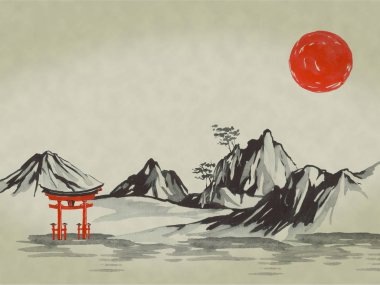 Japonya geleneksel sumi-e boyama. Suluboya ve mürekkep çizim stili sumi-e, u-sin. Fuji Dağı, sakura, günbatımı. Japonya güneş. Hint mürekkebi çizimde. Japon resim.