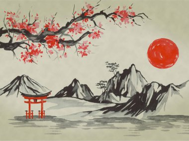Japonya geleneksel sumi-e boyama. Suluboya ve mürekkep çizim stili sumi-e, u-sin. Fuji Dağı, sakura, günbatımı. Japonya güneş. Hint mürekkebi çizimde. Japon resim.