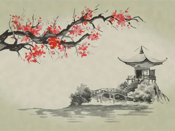 Japonya geleneksel sumi-e boyama. Suluboya ve mürekkep çizim stili sumi-e, u-sin. Fuji Dağı, sakura, günbatımı. Japonya güneş. Hint mürekkebi çizimde. Japon resim.