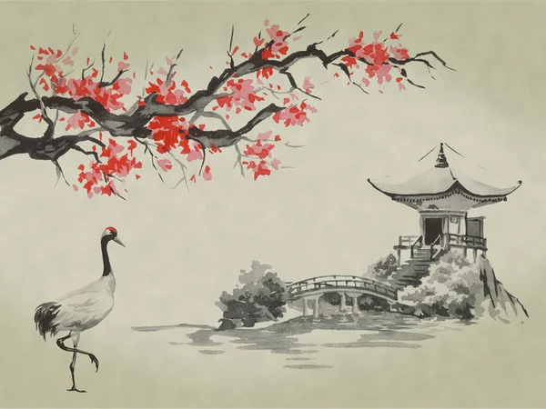 Giappone tradizionale pittura sumi-e. Illustrazione acquerello e inchiostro in stile sumi-e, u-sin. Montagna Fuji, sakura, tramonto. Sole giapponese. Illustrazione inchiostro indiano. Immagine giapponese . — Foto Stock