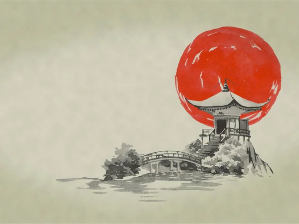 日本传统的相美画。水彩和水墨插图的风格 sumi-e, u-sin。富士山、樱花、日落。日本太阳。印第安墨水例证。日文图片. — 图库照片