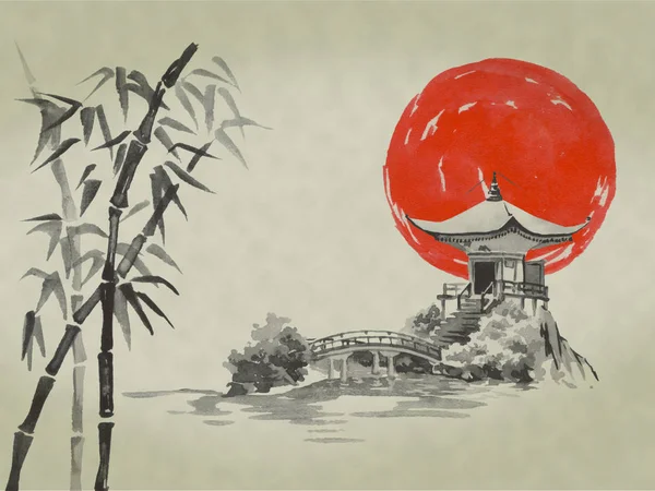 Japan traditional sumi-e painting. Watercolor and ink illustration in style sumi-e, u-sin. Fuji mountain, sakura, sunset. Japan sun. Indian ink illustration. Japanese picture.