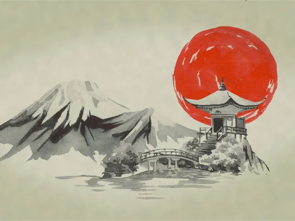 Ιαπωνία παραδοσιακά sumi-e ζωγραφική. Νερομπογιές και μελάνι απεικόνιση σε στυλ sumi-e, u-Σιν. Βουνό Φούτζι, sakura, ηλιοβασίλεμα. Ιαπωνία ήλιο. Σινική μελάνη εικονογράφηση. Ιαπωνικά εικόνα. — Φωτογραφία Αρχείου
