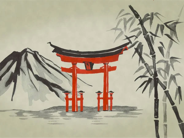 Japan traditional sumi-e painting. Watercolor and ink illustration in style sumi-e, u-sin. Fuji mountain, sakura, sunset. Japan sun. Indian ink illustration. Japanese picture.