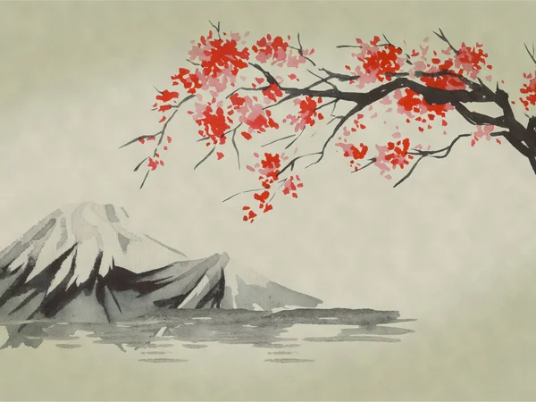 Japan traditional sumi-e painting. Watercolor and ink illustration in style sumi-e, u-sin. Fuji mountain, sakura, sunset. Japan sun. Indian ink illustration. Japanese picture.