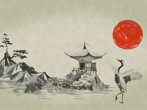 Japan traditional sumi-e painting. Watercolor and ink illustration in style sumi-e, u-sin. Fuji mountain, sakura, sunset. Japan sun. Indian ink illustration. Japanese picture.