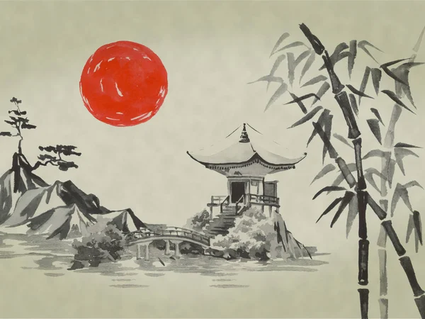 일본 전통 미 그림입니다. 수채화 물감 및 잉크 그림 스타일 sumi-e, u-죄. 후 지 산, 사쿠라, 일몰입니다. 일본 태양입니다. 인도 잉크 그림입니다. 일본 그림. — 스톡 사진
