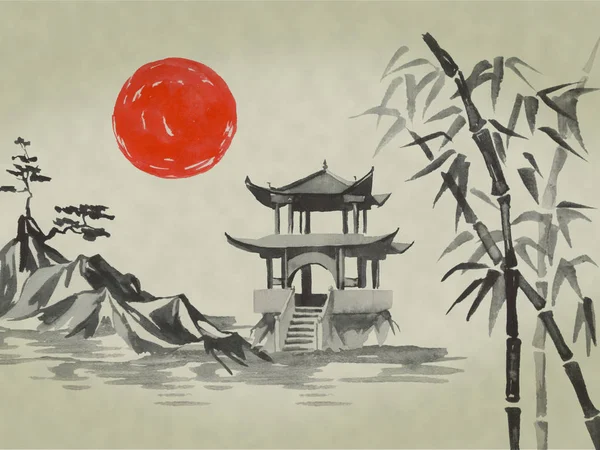 Japan traditional sumi-e painting. Watercolor and ink illustration in style sumi-e, u-sin. Fuji mountain, sakura, sunset. Japan sun. Indian ink illustration. Japanese picture.
