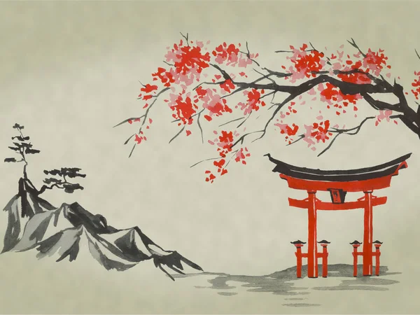 Japan traditionele sumi-e schilderij. Aquarel en inkt illustratie in stijl sumi-e, u-sin. De berg Fuji, sakura, zonsondergang. Japan zon. Indische inkt illustratie. Japanse foto. — Stockfoto