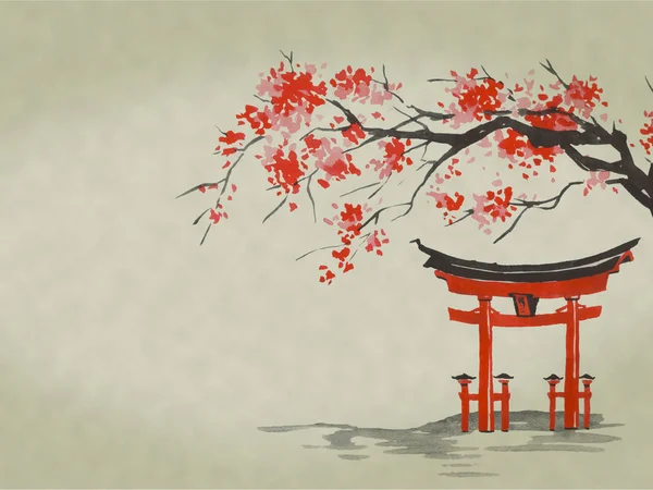 Japán hagyományos sumi-e festés. Akvarell, tinta illusztráció a stílus sumi-e, u-bűn. Fuji hegy, sakura, naplemente. Japán nap. Tus illusztráció. Japán kép. — Stock Fotó