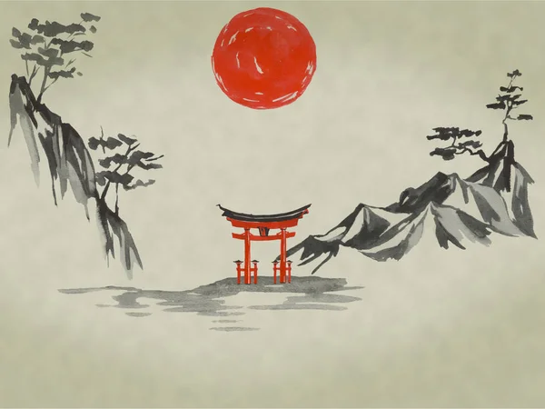 Japan traditional sumi-e painting. Watercolor and ink illustration in style sumi-e, u-sin. Fuji mountain, sakura, sunset. Japan sun. Indian ink illustration. Japanese picture.