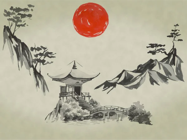 Japan traditional sumi-e painting. Watercolor and ink illustration in style sumi-e, u-sin. Fuji mountain, sakura, sunset. Japan sun. Indian ink illustration. Japanese picture.